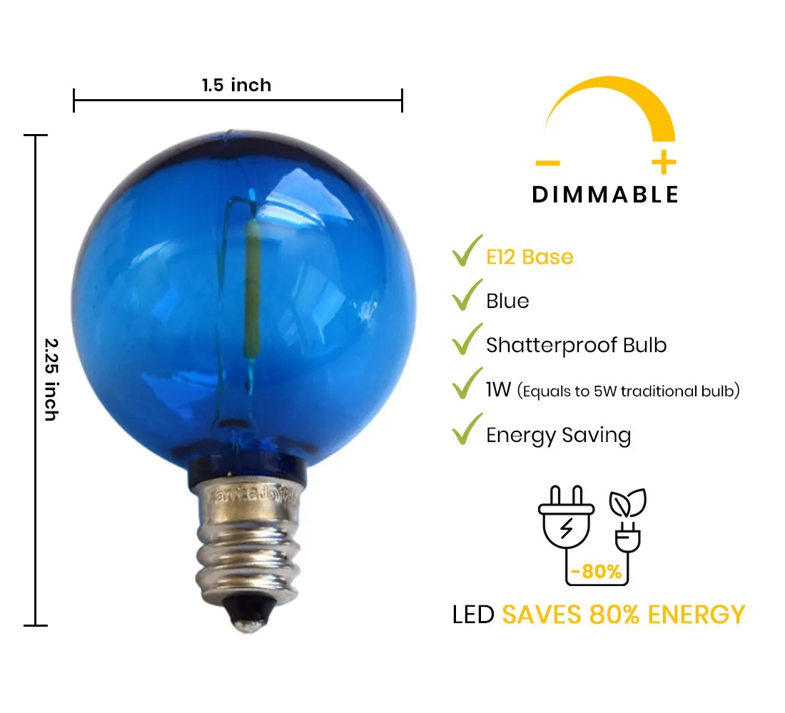 10-PACK Blue LED Filament G40 Globe Shatterproof Energy Saving Color Light Bulb, Dimmable, 1W,  E12 Candelabra Base