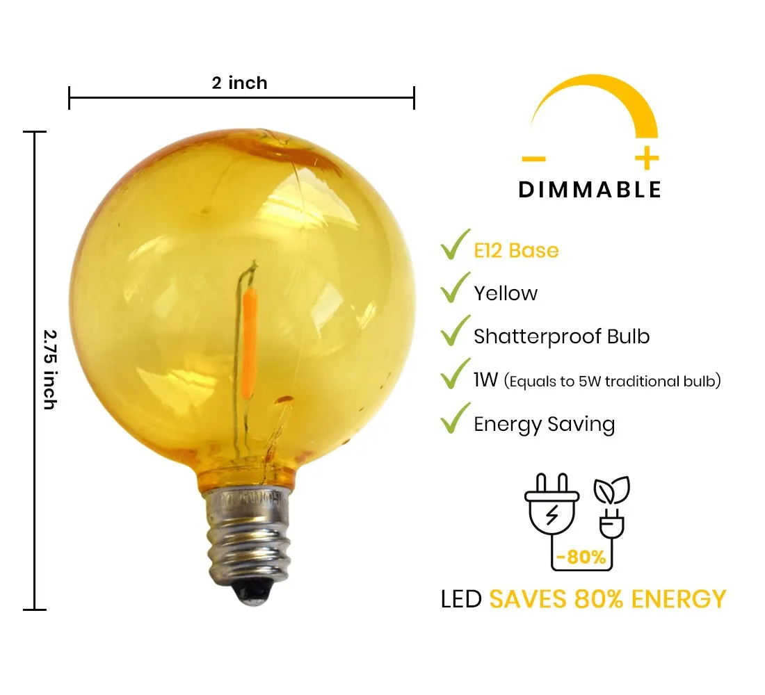 10-PACK Yellow LED Filament G50 Globe Shatterproof Energy Saving Color Light Bulb, Dimmable, 1W,  E12 Candelabra Base