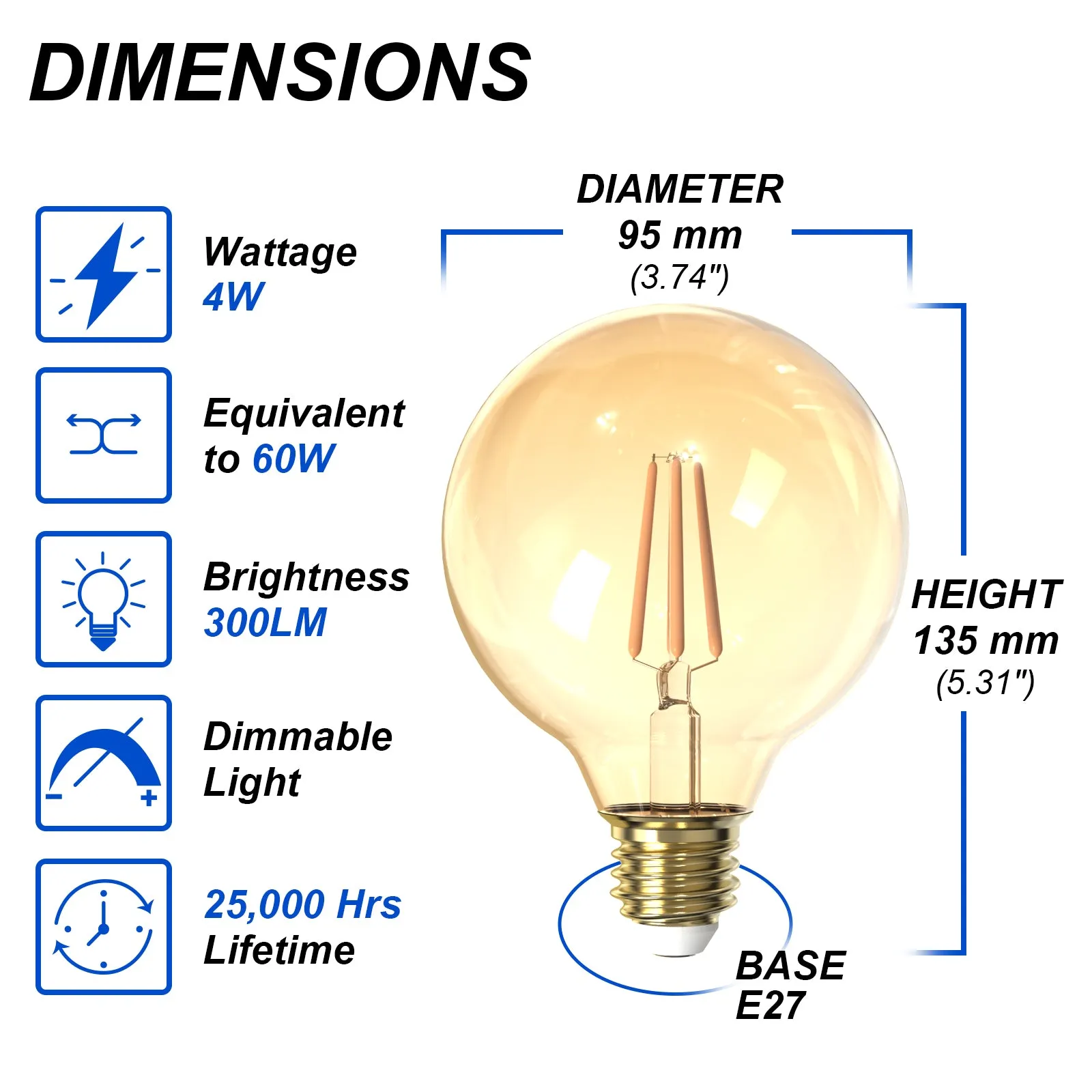 10PACK LED Bulb Globe Shape G95 4W E27 3000k Warmwhite Dimmable