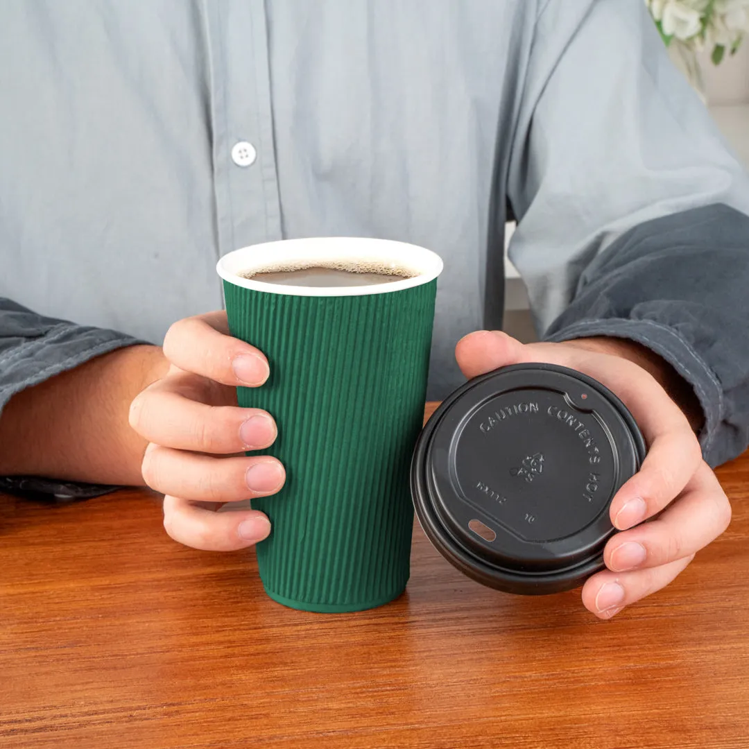 16 oz Forest Green Paper Ripple Wall Coffee Cup - with Black Lid - 3 1/2" x 3 1/2" x 6 1/4" - 20 count box