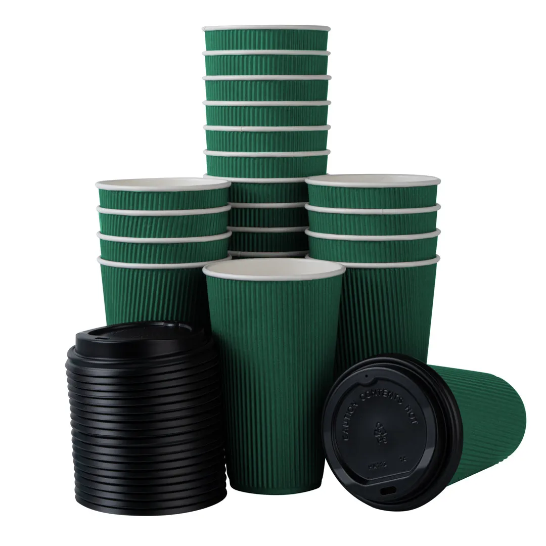 16 oz Forest Green Paper Ripple Wall Coffee Cup - with Black Lid - 3 1/2" x 3 1/2" x 6 1/4" - 20 count box