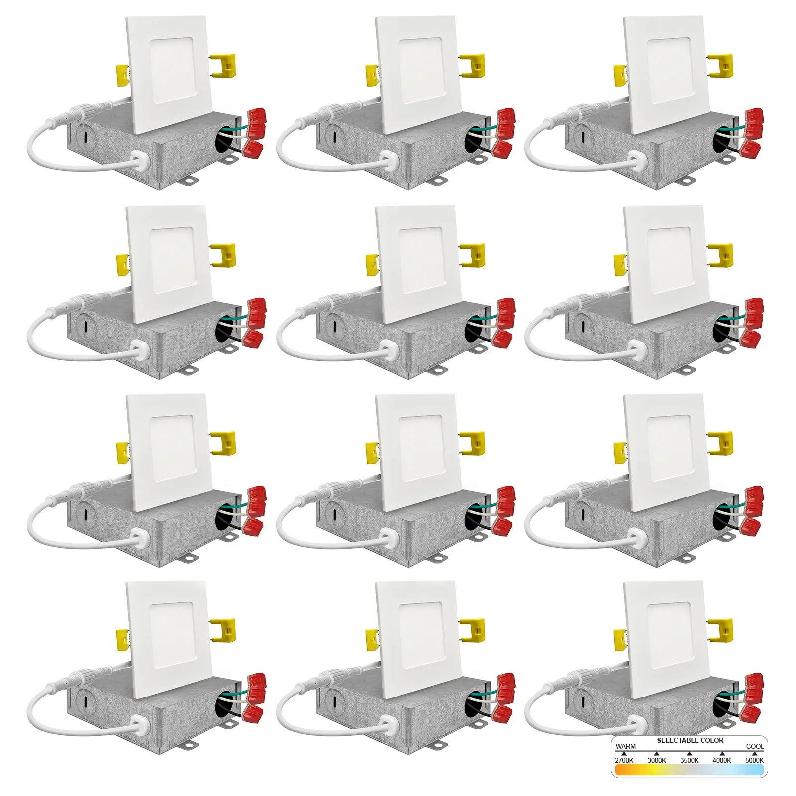 3" Inch Square Canless Recessed Lighting Slim LED Wafer Lights - Wet Rated - 5CCT 2700K-5000K - 550LM