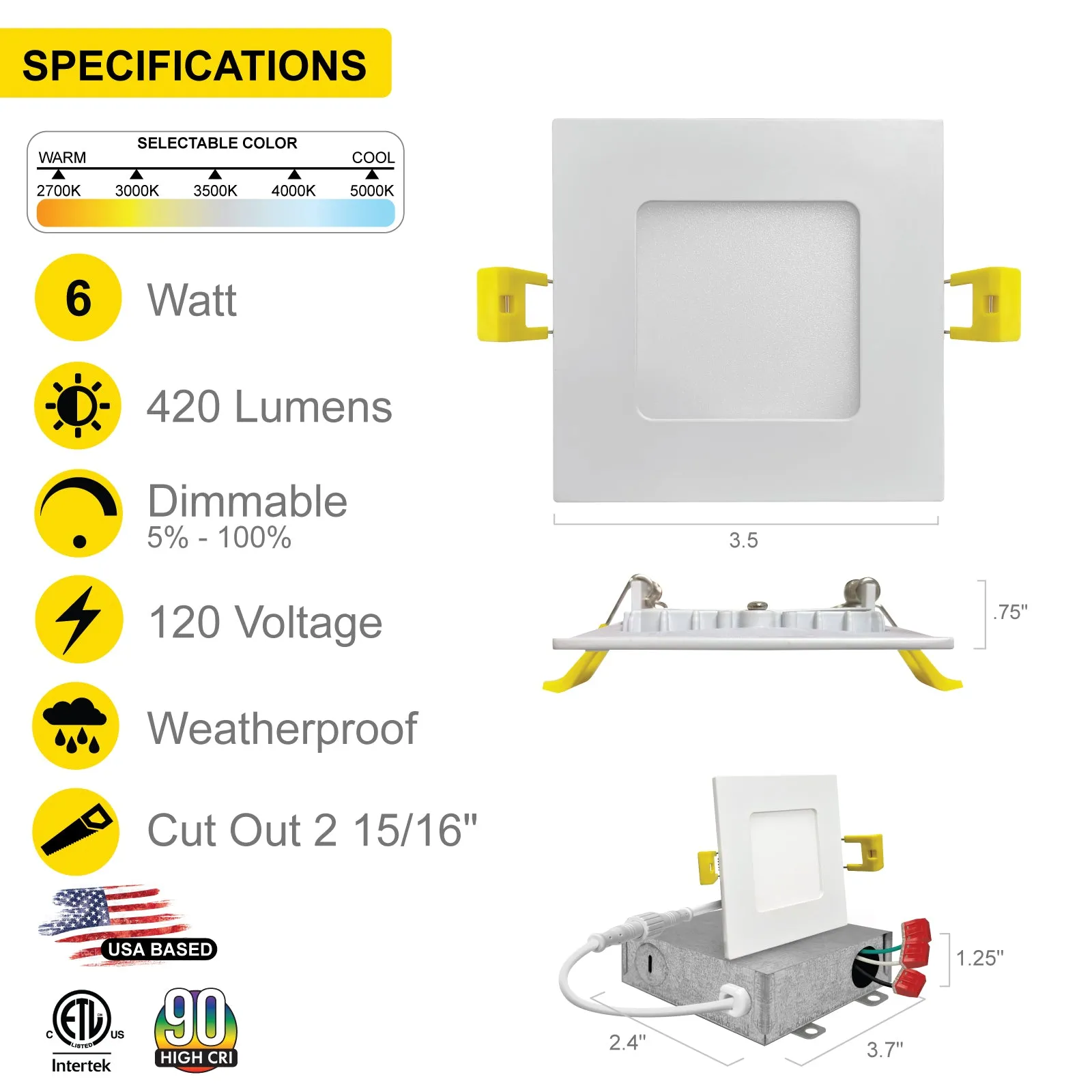 3" Inch Square Canless Recessed Lighting Slim LED Wafer Lights - Wet Rated - 5CCT 2700K-5000K - 550LM