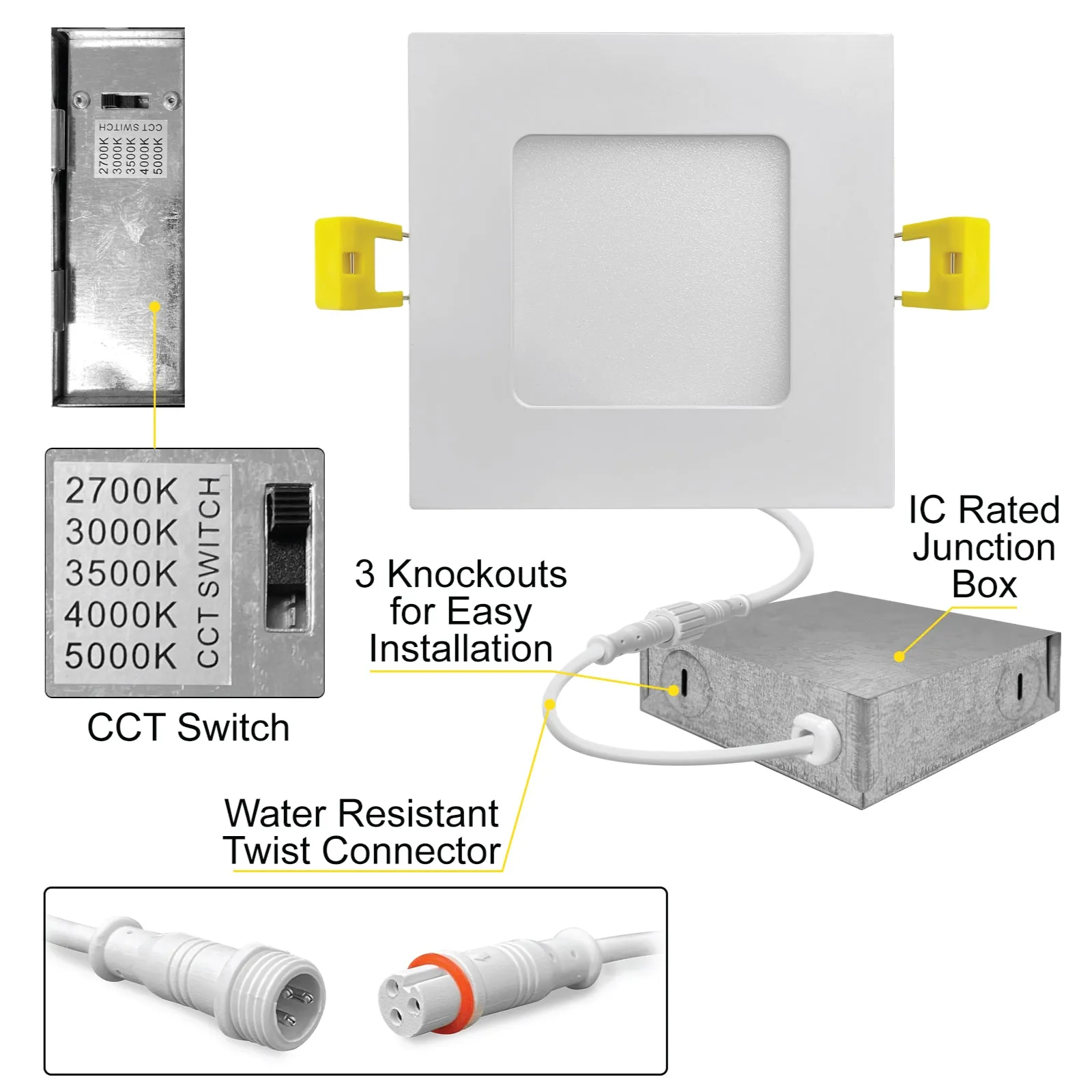 3" Inch Square Canless Recessed Lighting Slim LED Wafer Lights - Wet Rated - 5CCT 2700K-5000K - 550LM