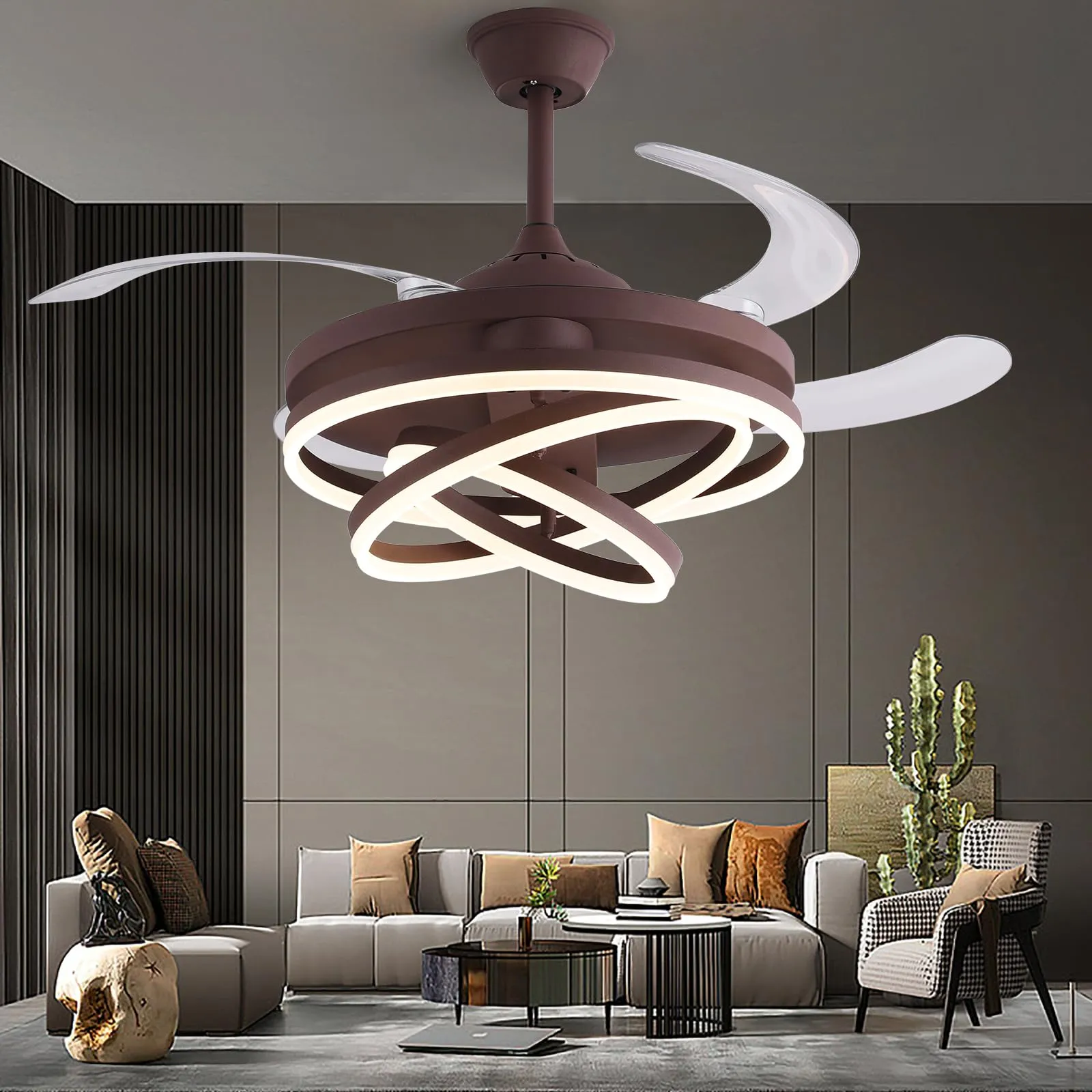 42" Chandelier Ceiling Fan,Modern DIY Ceiling Fan Light with Remote Control 4 Retractable ABS Blades for Bedroom Living Dining Room Decoration