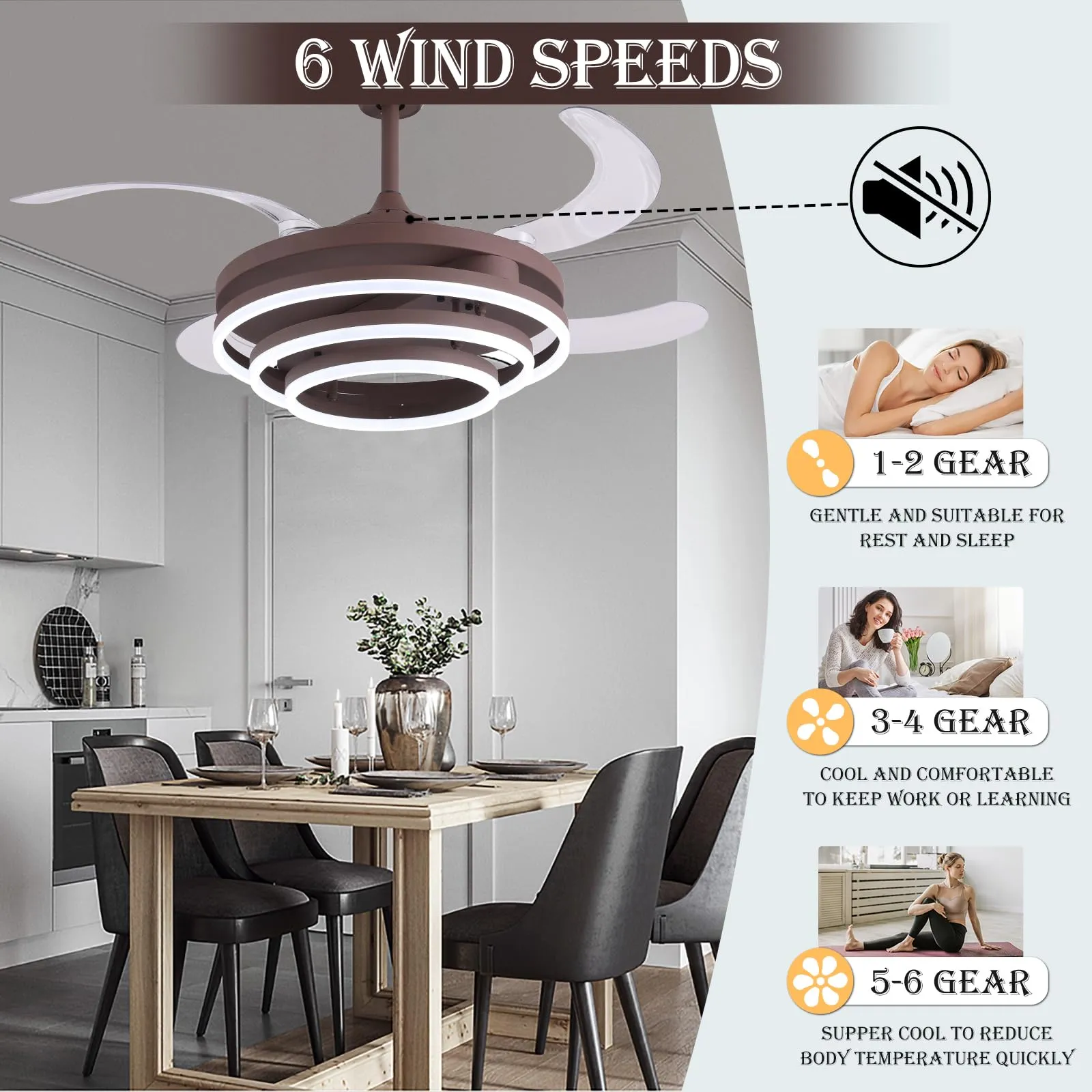 42" Chandelier Ceiling Fan,Modern DIY Ceiling Fan Light with Remote Control 4 Retractable ABS Blades for Bedroom Living Dining Room Decoration