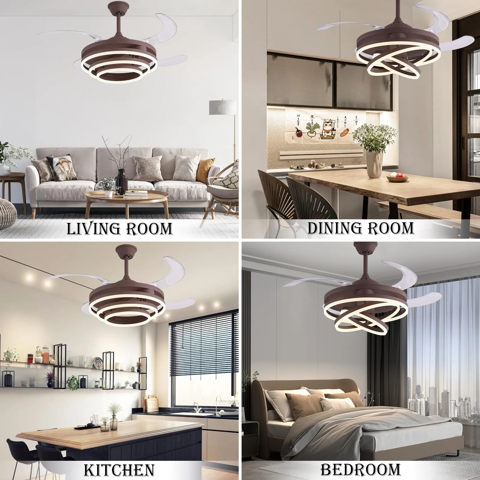 42" Chandelier Ceiling Fan,Modern DIY Ceiling Fan Light with Remote Control 4 Retractable ABS Blades for Bedroom Living Dining Room Decoration