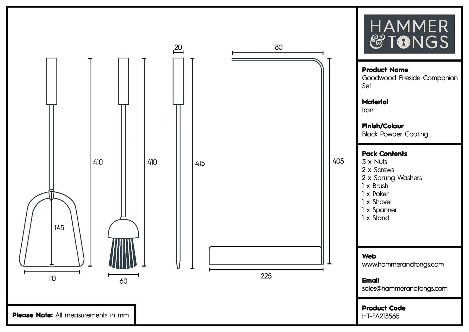 4pc Black 'Goodwood' Fireside Companion Set - By Hammer & Tongs