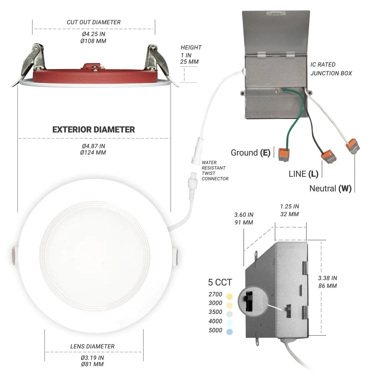 4" Inch Baffle Trim 2 Hour Fire Rated Recessed Light Slim Canless LED Wafer Lights - Wet Rated - 5CCT 2700K-5000K - 900LM