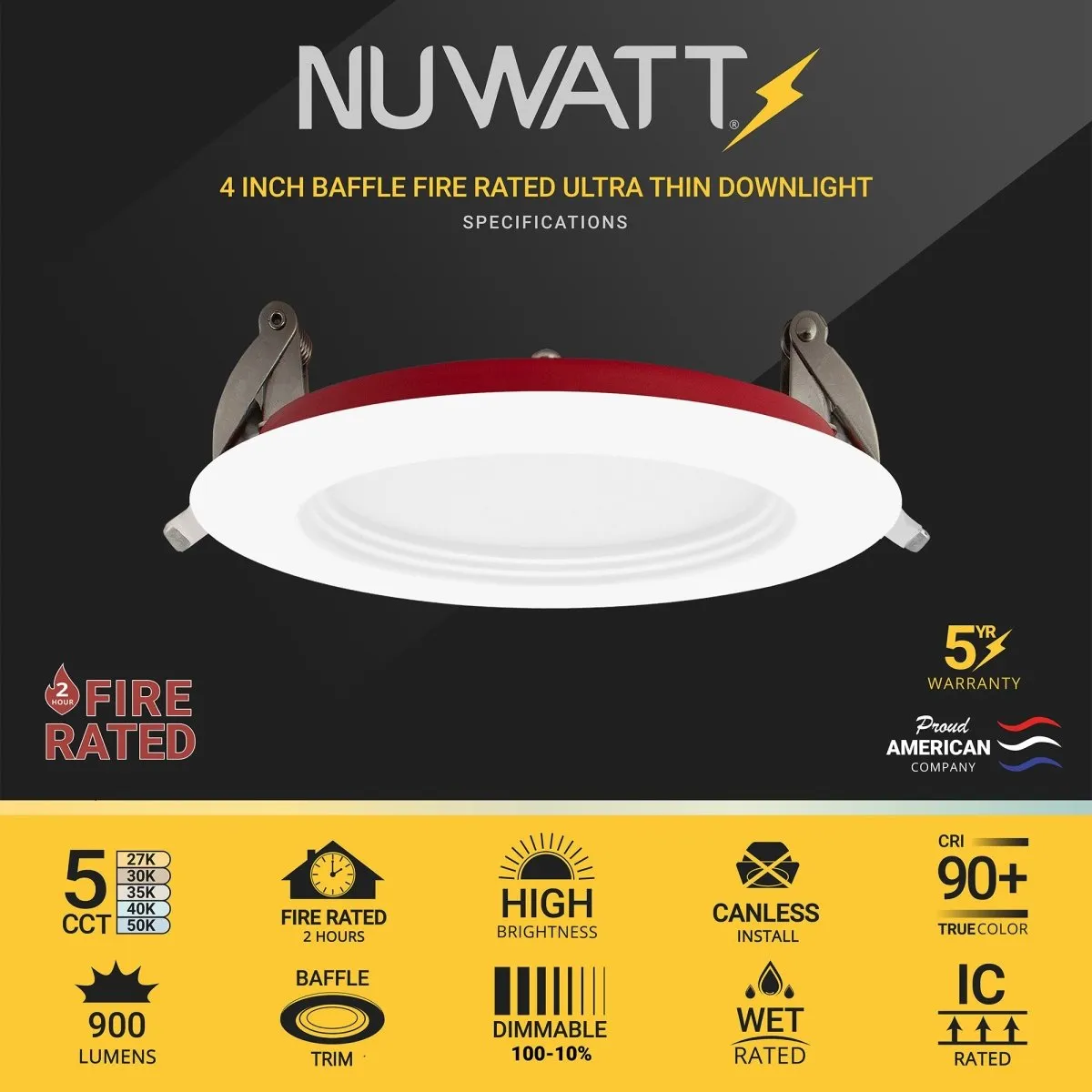 4" Inch Baffle Trim 2 Hour Fire Rated Recessed Light Slim Canless LED Wafer Lights - Wet Rated - 5CCT 2700K-5000K - 900LM