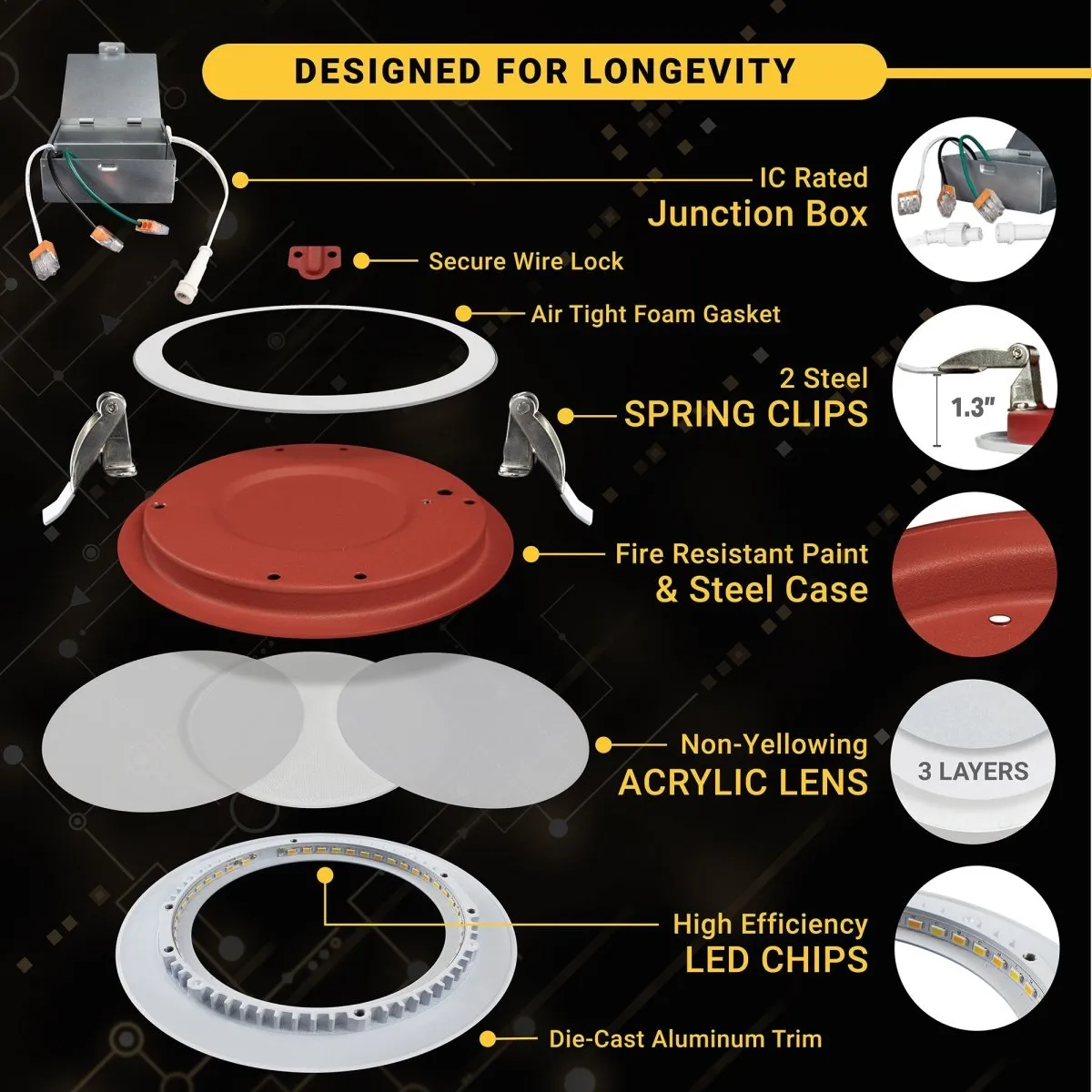 4" Inch Baffle Trim 2 Hour Fire Rated Recessed Light Slim Canless LED Wafer Lights - Wet Rated - 5CCT 2700K-5000K - 900LM