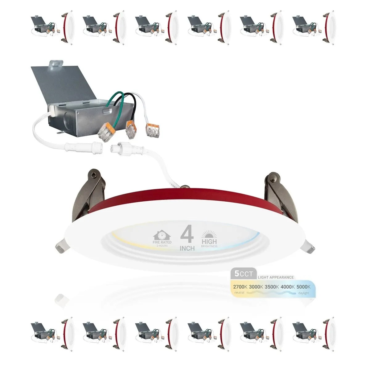 4" Inch Baffle Trim 2 Hour Fire Rated Recessed Light Slim Canless LED Wafer Lights - Wet Rated - 5CCT 2700K-5000K - 900LM