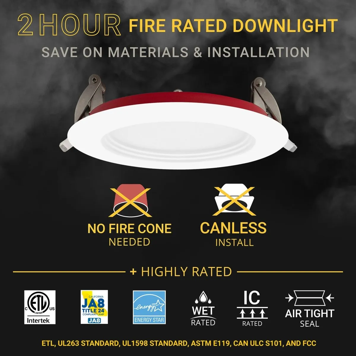 4" Inch Baffle Trim 2 Hour Fire Rated Recessed Light Slim Canless LED Wafer Lights - Wet Rated - 5CCT 2700K-5000K - 900LM