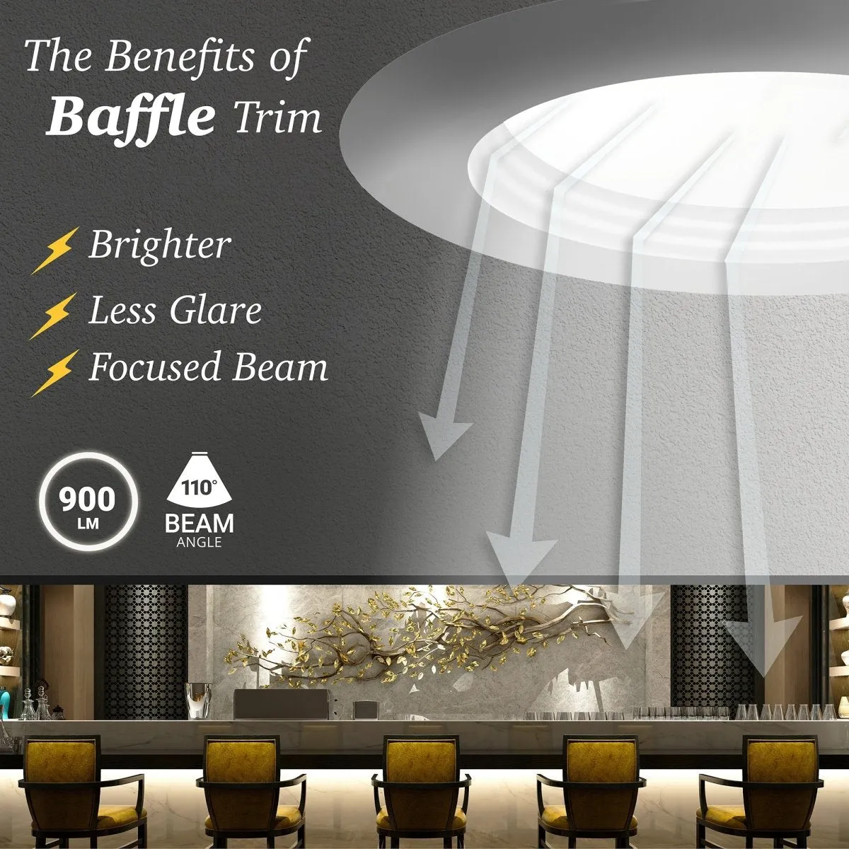 4" Inch Baffle Trim 2 Hour Fire Rated Recessed Light Slim Canless LED Wafer Lights - Wet Rated - 5CCT 2700K-5000K - 900LM