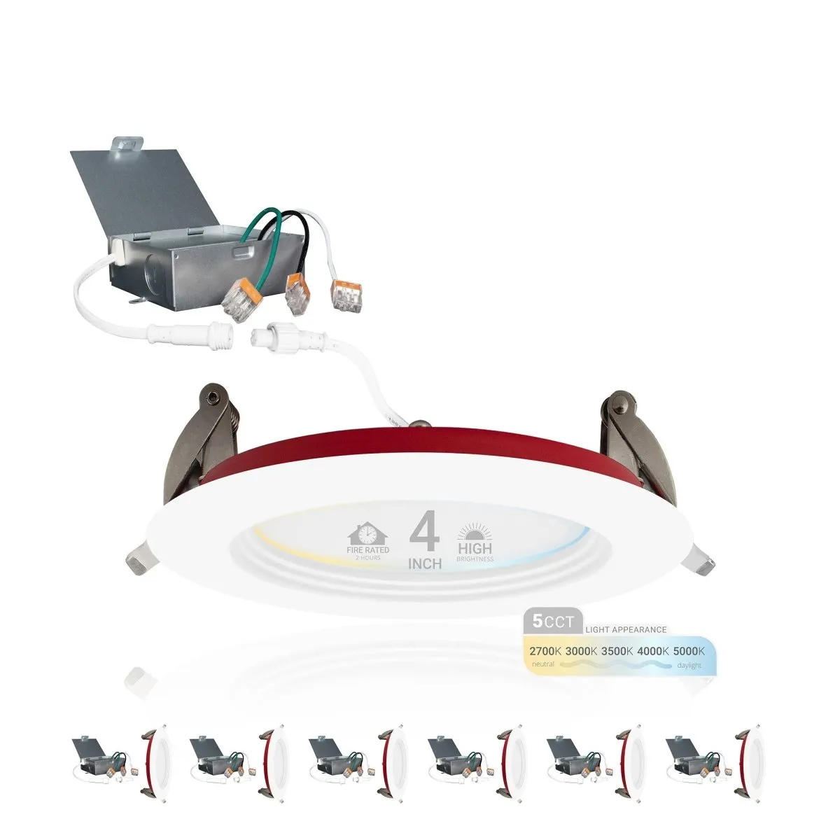 4" Inch Baffle Trim 2 Hour Fire Rated Recessed Light Slim Canless LED Wafer Lights - Wet Rated - 5CCT 2700K-5000K - 900LM