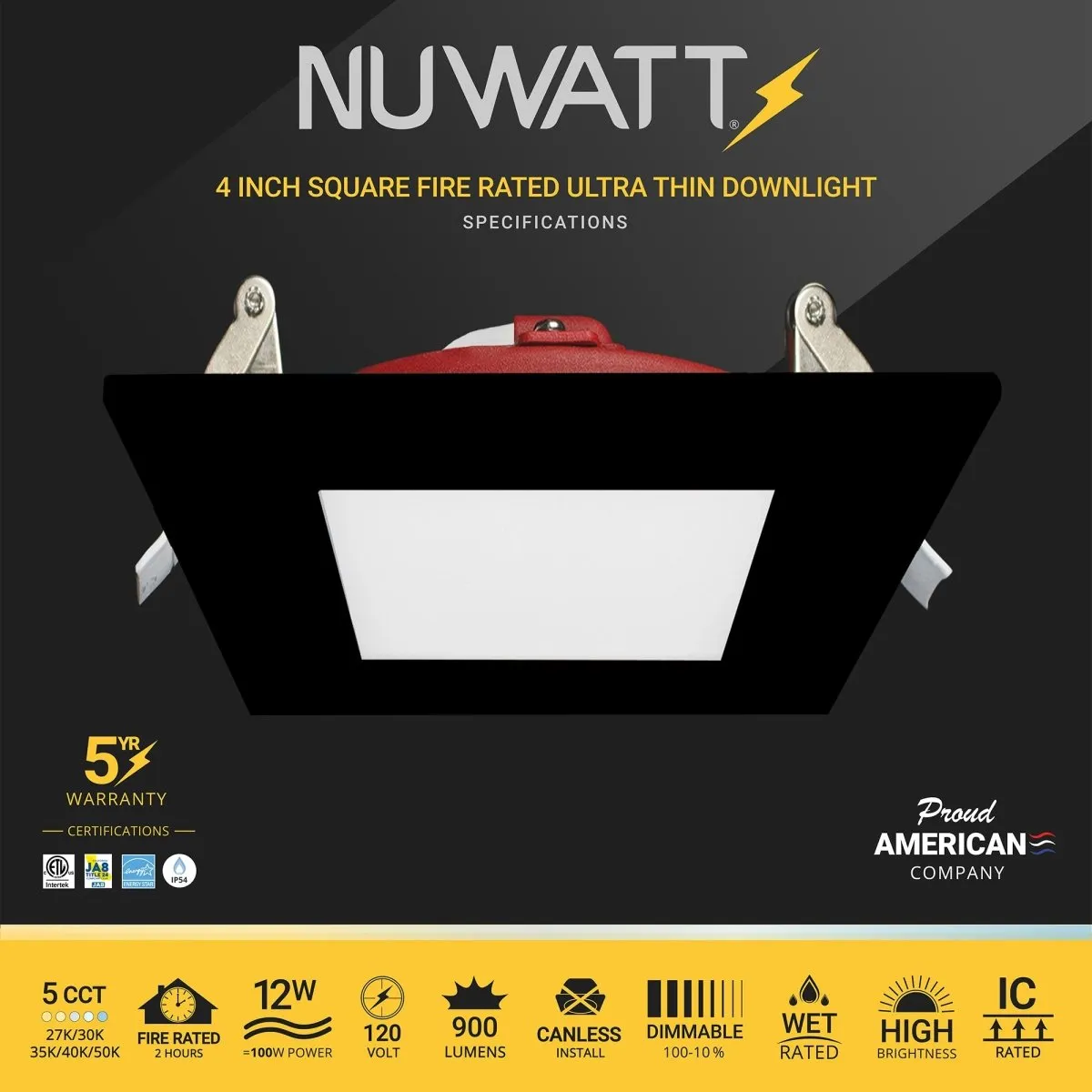 4" Inch Square Black 2 Hour Fire Rated Recessed Light Slim Canless LED Wafer Lights - Wet Rated - 5CCT 2700K-5000K - 900LM