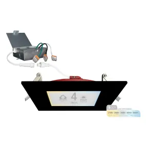 4" Inch Square Black 2 Hour Fire Rated Recessed Light Slim Canless LED Wafer Lights - Wet Rated - 5CCT 2700K-5000K - 900LM