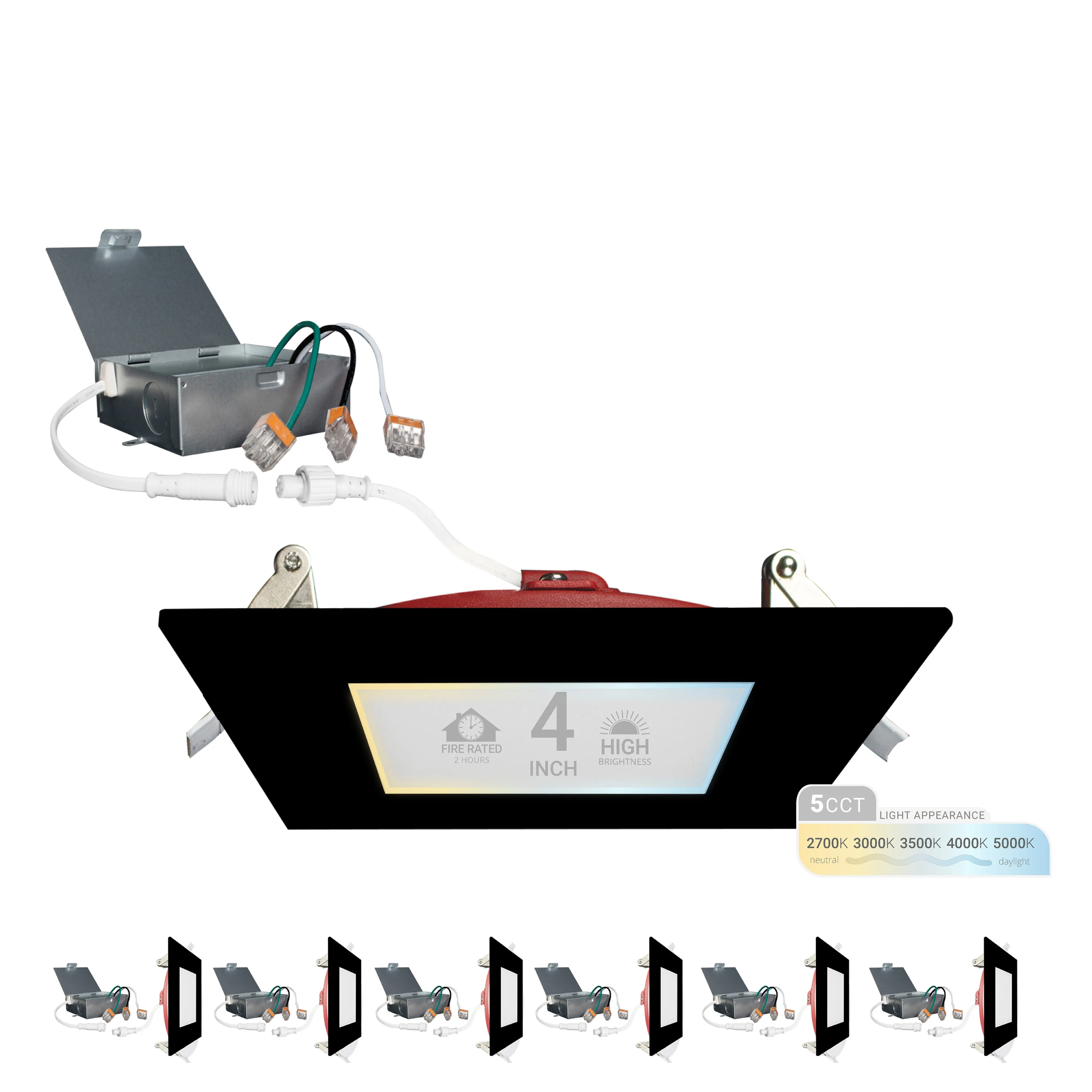 4" Inch Square Black 2 Hour Fire Rated Recessed Light Slim Canless LED Wafer Lights - Wet Rated - 5CCT 2700K-5000K - 900LM