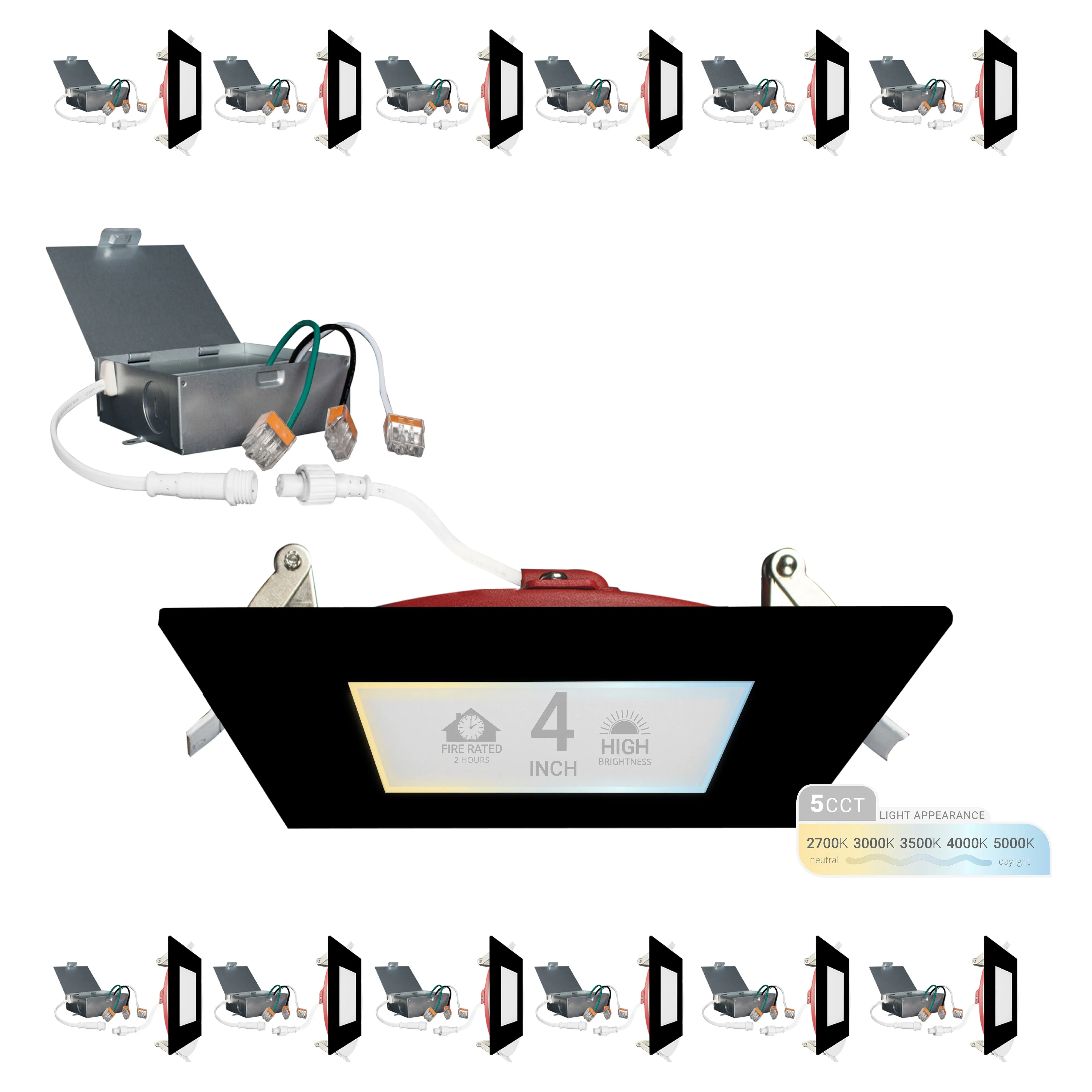 4" Inch Square Black 2 Hour Fire Rated Recessed Light Slim Canless LED Wafer Lights - Wet Rated - 5CCT 2700K-5000K - 900LM