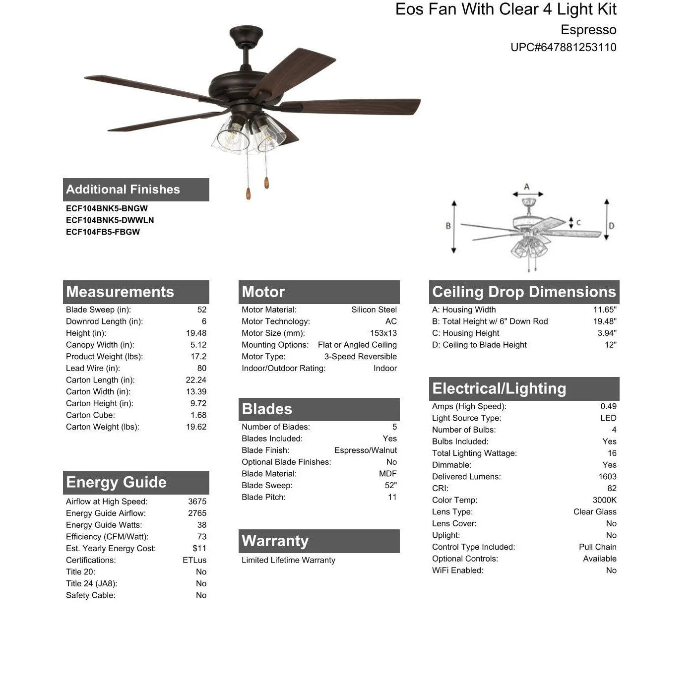 52" Eos Clear 4 Light in Espresso w/ Espresso/Walnut Blades