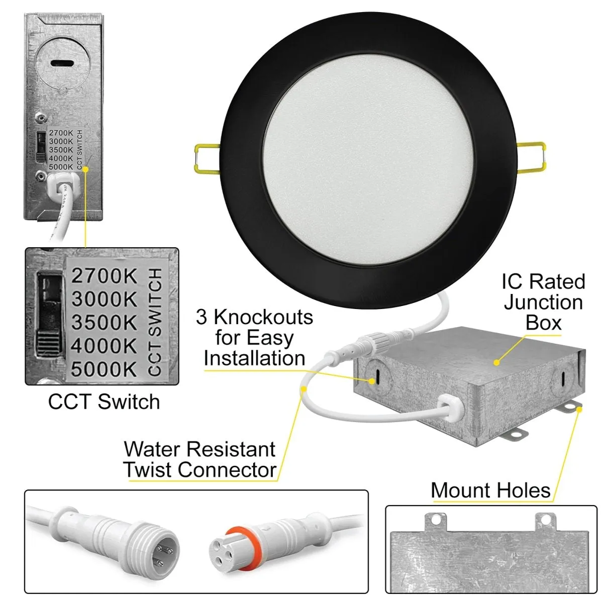 6" Inch Black Canless Recessed Lighting Slim LED Wafer Lights with Emergency Battery Back Up - Wet Rated - 5CCT 2700K-5000K - 1050LM