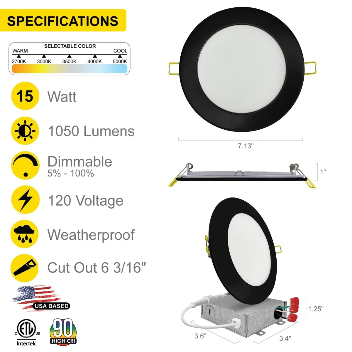 6" Inch Black Canless Recessed Lighting Slim LED Wafer Lights with Emergency Battery Back Up - Wet Rated - 5CCT 2700K-5000K - 1050LM