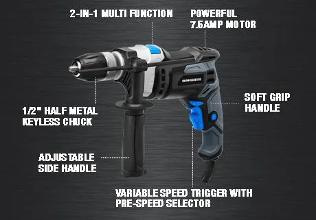 7.5-Amp 1/2 Inch Variable Speed Hammer Drill with Metal Bits and Concrete Bits