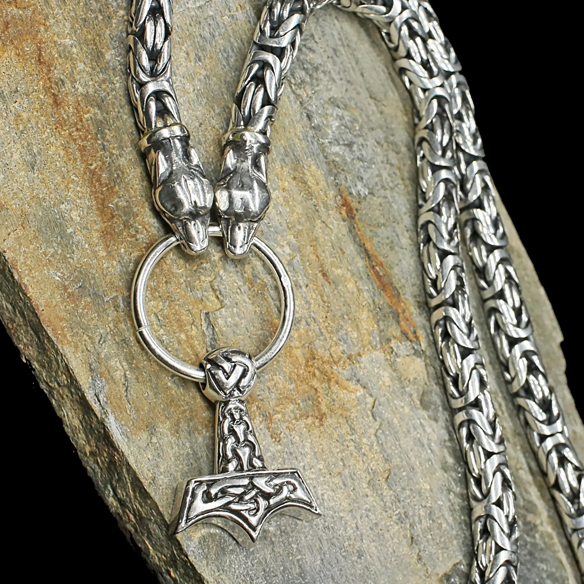 8mm Thick Silver King Chain Thors Hammer Necklace - Ferocious Wolf Heads