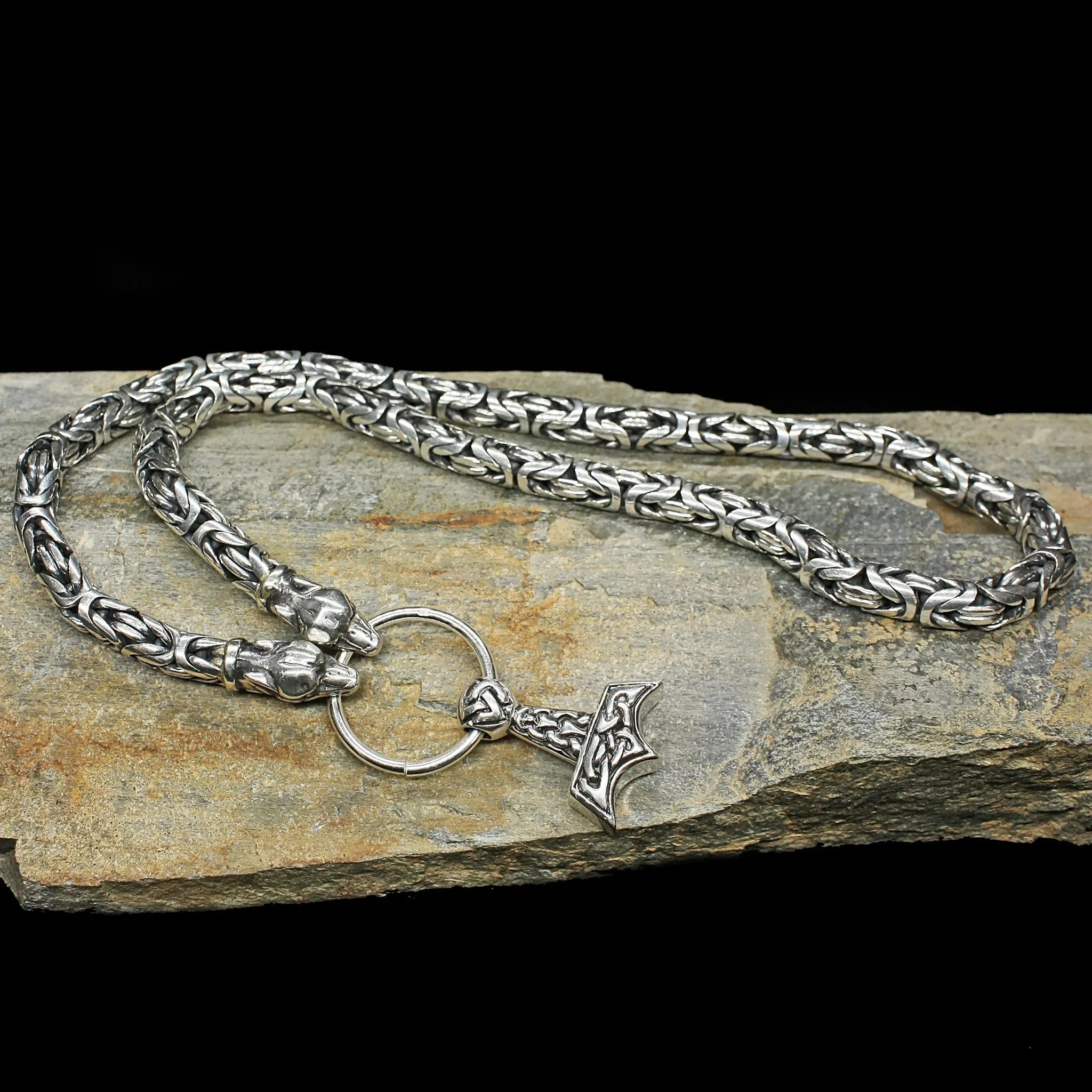 8mm Thick Silver King Chain Thors Hammer Necklace - Ferocious Wolf Heads