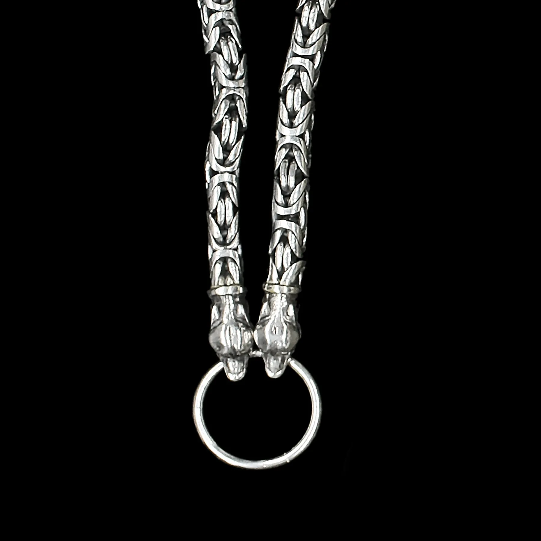 8mm Thick Silver King Chain Thors Hammer Necklace - Ferocious Wolf Heads