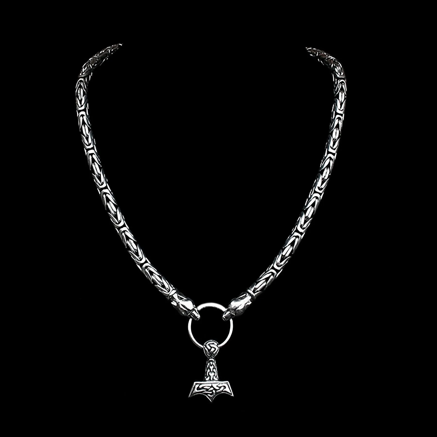 8mm Thick Silver King Chain Thors Hammer Necklace - Ferocious Wolf Heads