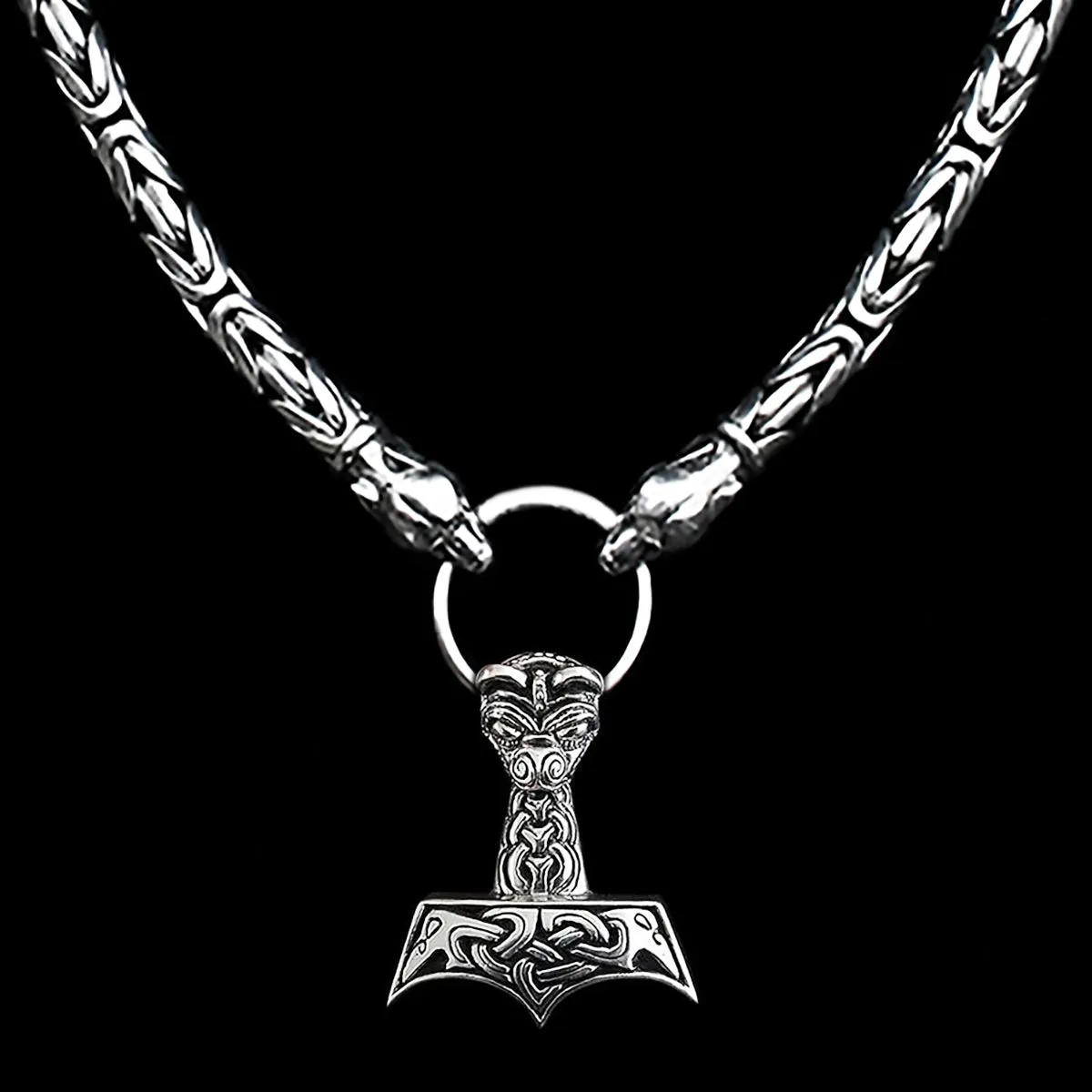 8mm Thick Silver King Chain Thors Hammer Necklace - Ferocious Wolf Heads