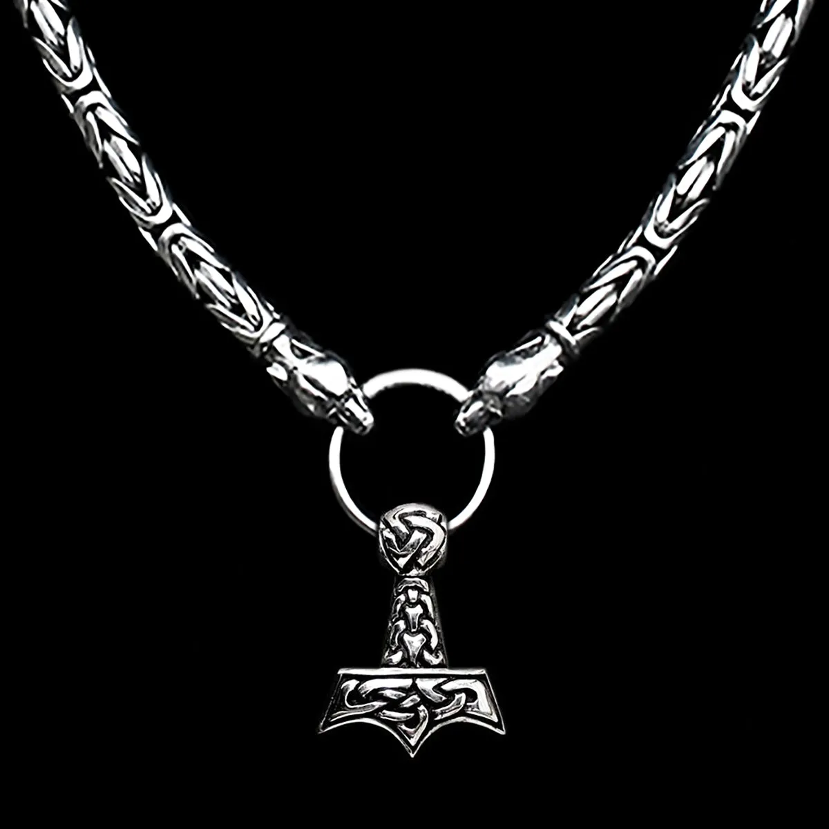 8mm Thick Silver King Chain Thors Hammer Necklace - Ferocious Wolf Heads