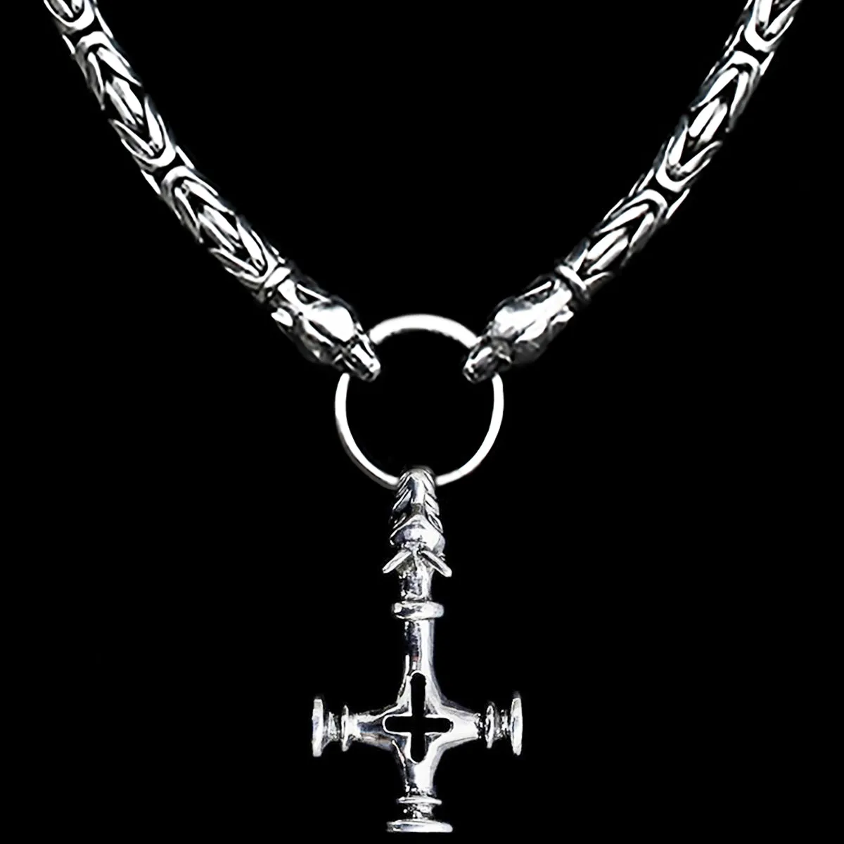 8mm Thick Silver King Chain Thors Hammer Necklace - Ferocious Wolf Heads