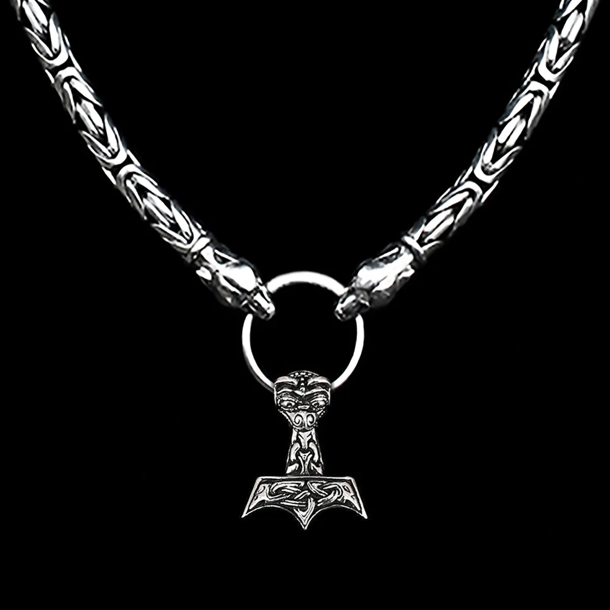 8mm Thick Silver King Chain Thors Hammer Necklace - Ferocious Wolf Heads