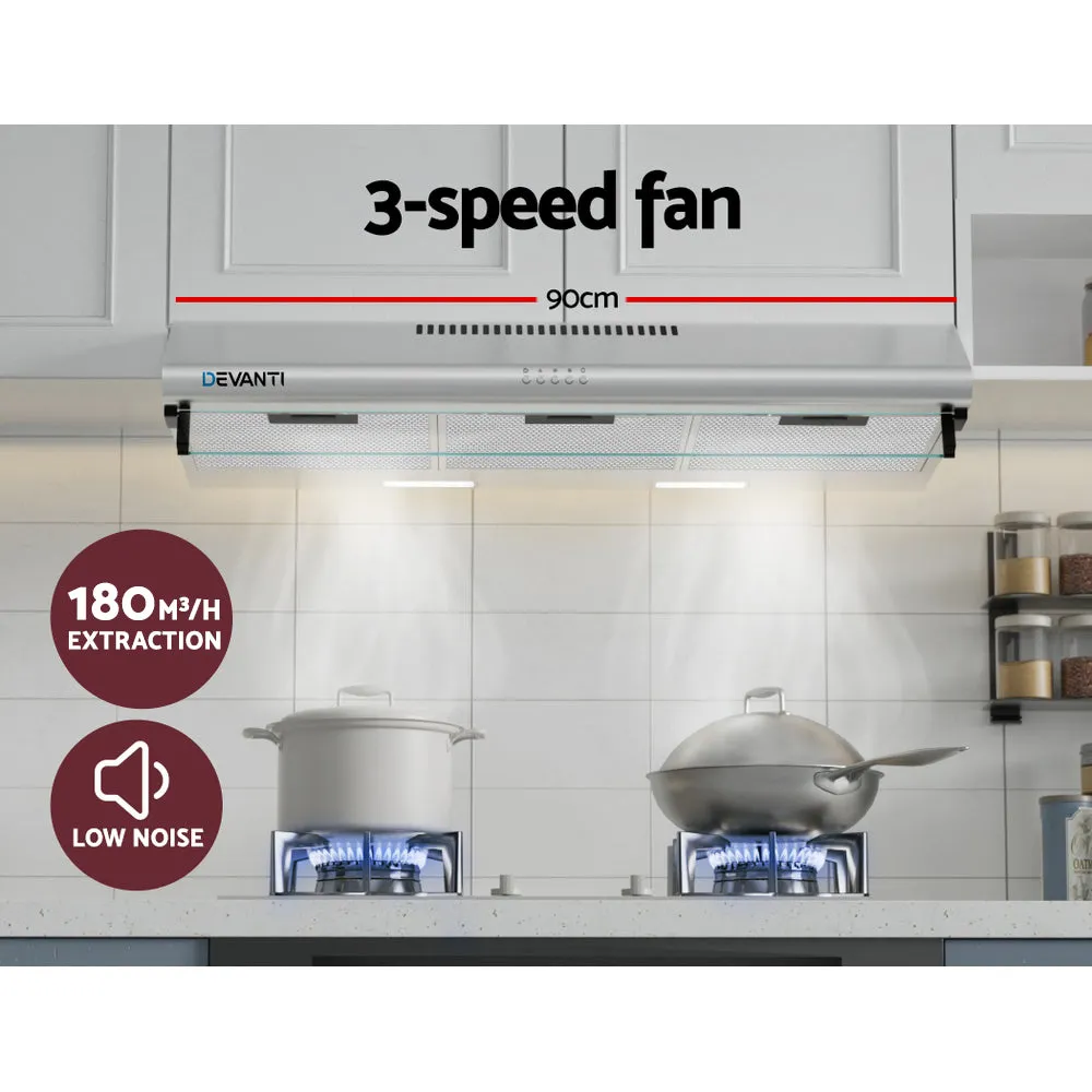 90cm Stainless Steel Range Hood, LED Lights, 3-Speed - Devanti