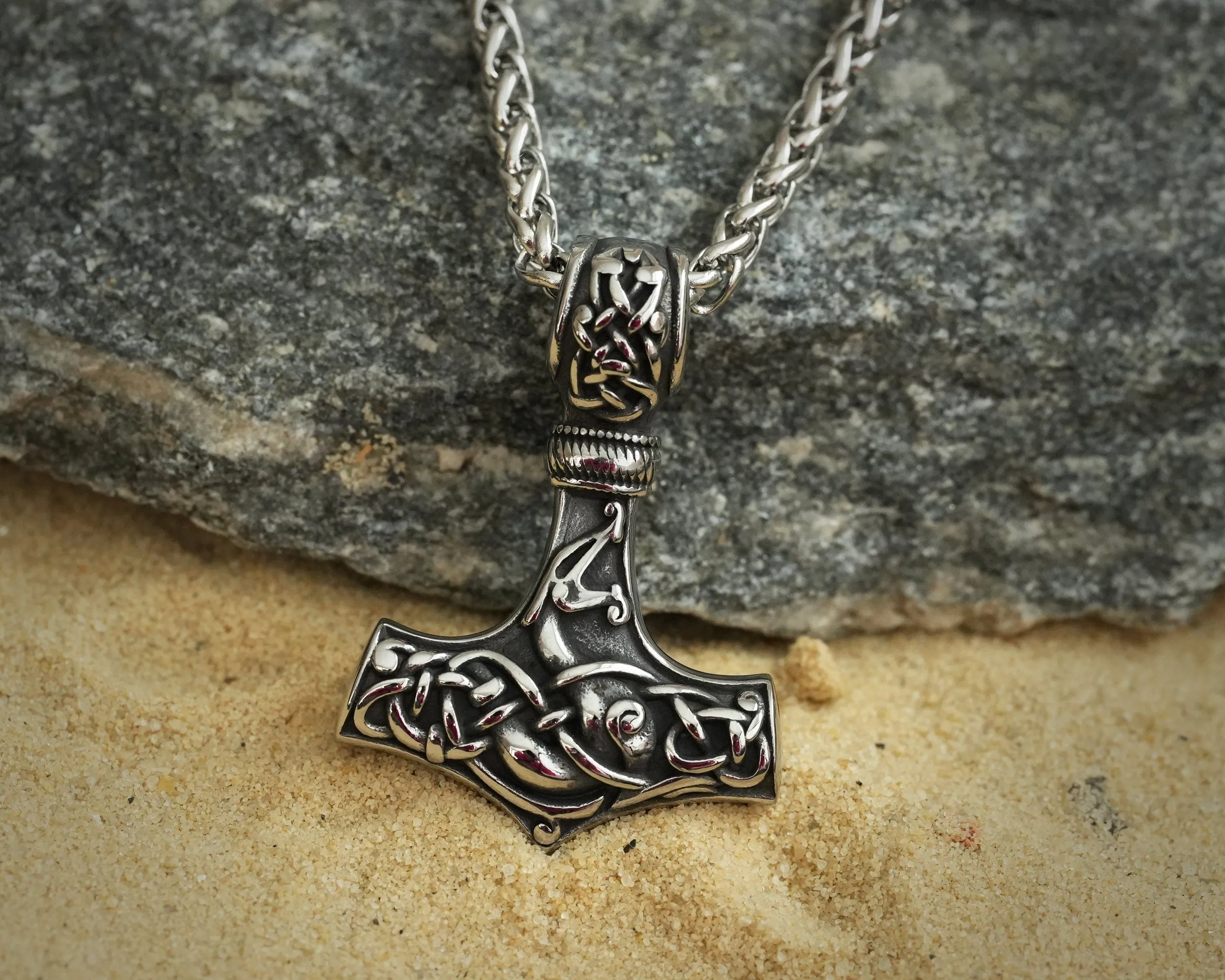 925 Sterling Silver Double-Sided Viking Dragon Thors Hammer Thor Mjölnir Mjolnir Necklace Pendant  Jewelry For Men and Women - Fast Delivery