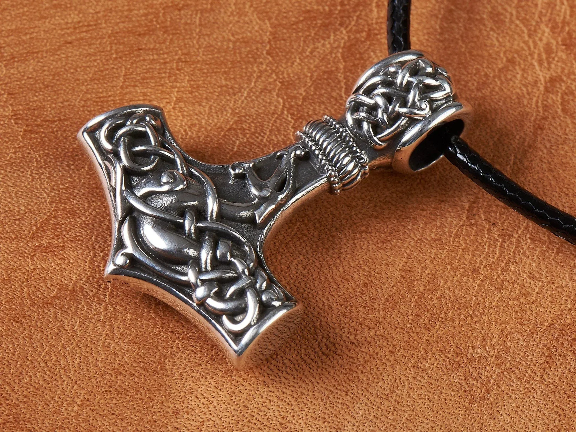 925 Sterling Silver Double-Sided Viking Dragon Thors Hammer Thor Mjölnir Mjolnir Necklace Pendant  Jewelry For Men and Women - Fast Delivery