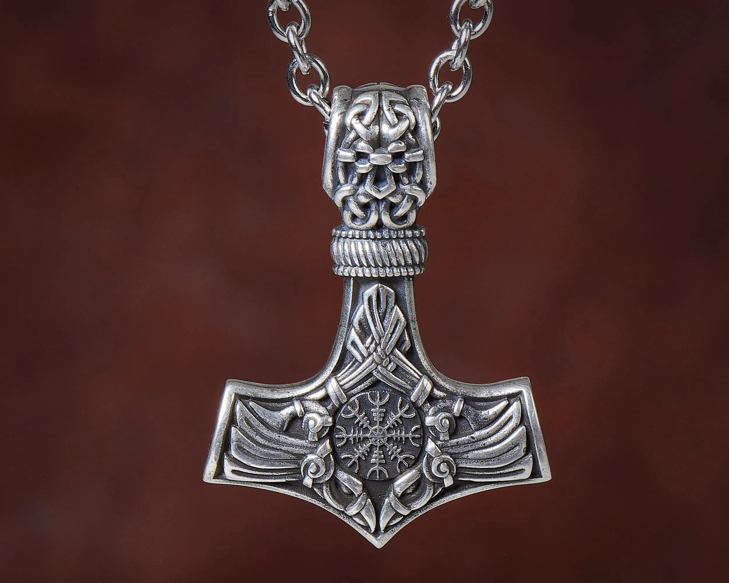 925 Sterling Silver Viking Men Thors Hammer Vegvisir Aegishjalmur Raven Huginn Muninn Mjölnir Pendant Necklace Amulet Talisman Jewelry