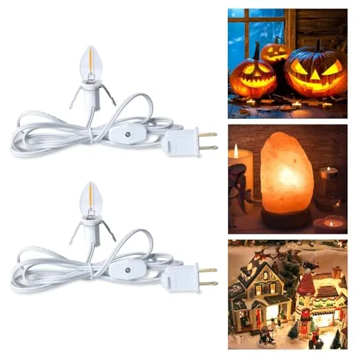 Accessory Cord with One LED Light Bulb - 6ft Cord with On/Off Switch for Halloween Pumpkin, DIY Craft Projects, Paper Lantern Halloween Decoration, Village House, Holiday Ceramic Trees, 2 Pack, Orange