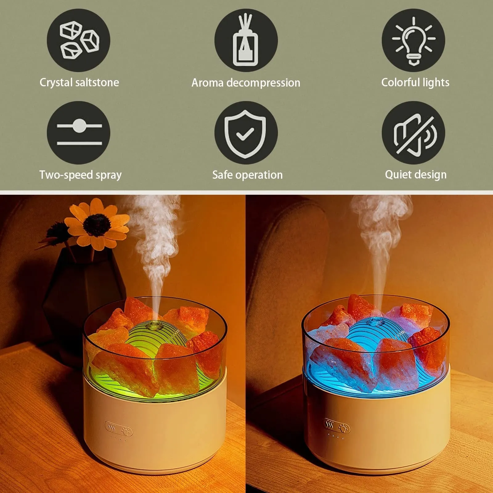 Air Humidifier Crystal Salt Lamp Aroma Diffuser Incense Machine Fogger Essential Oil Lamp Difusor Ambient Light