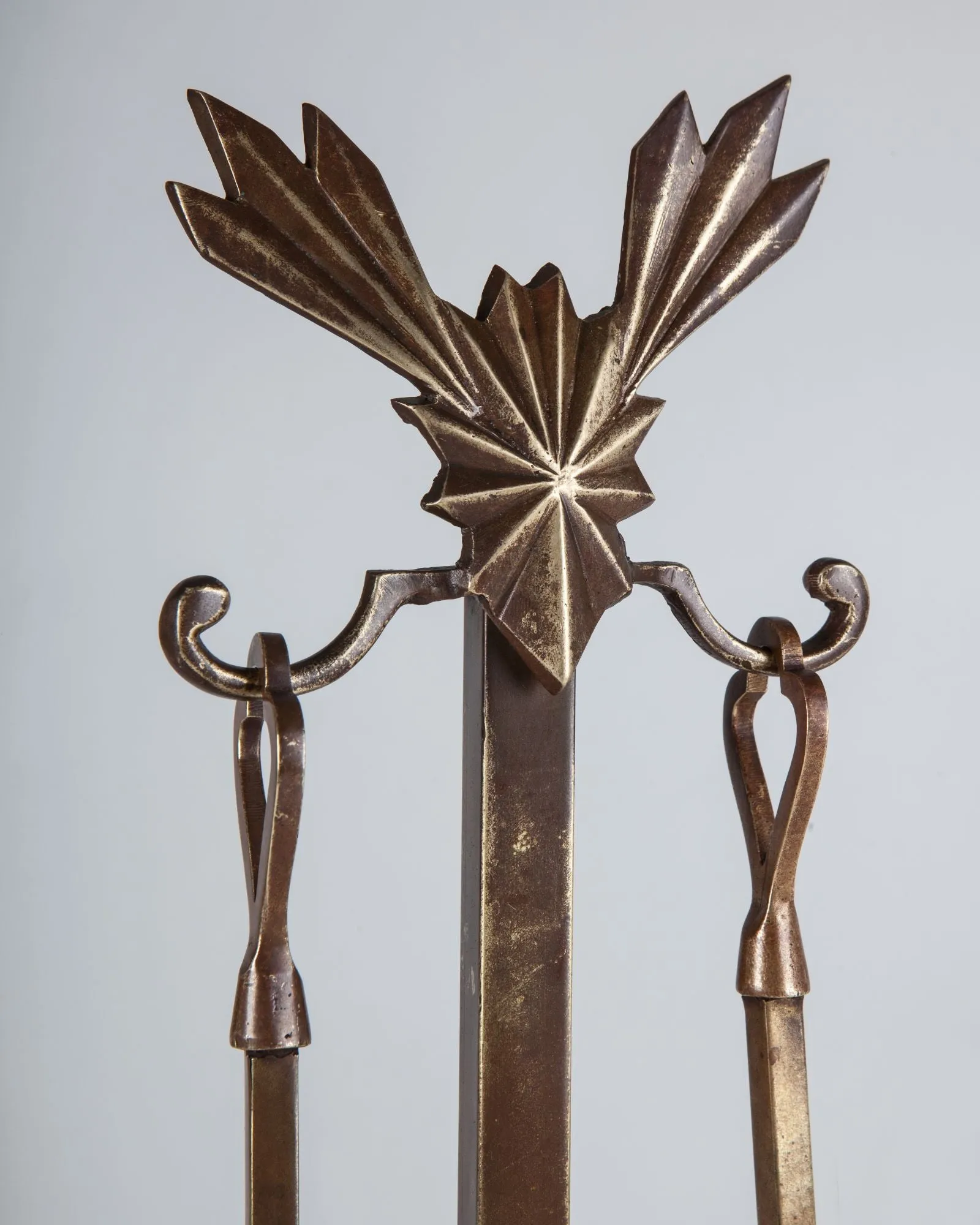 Brass Fireplace Tools with Art Deco Detailed Stands