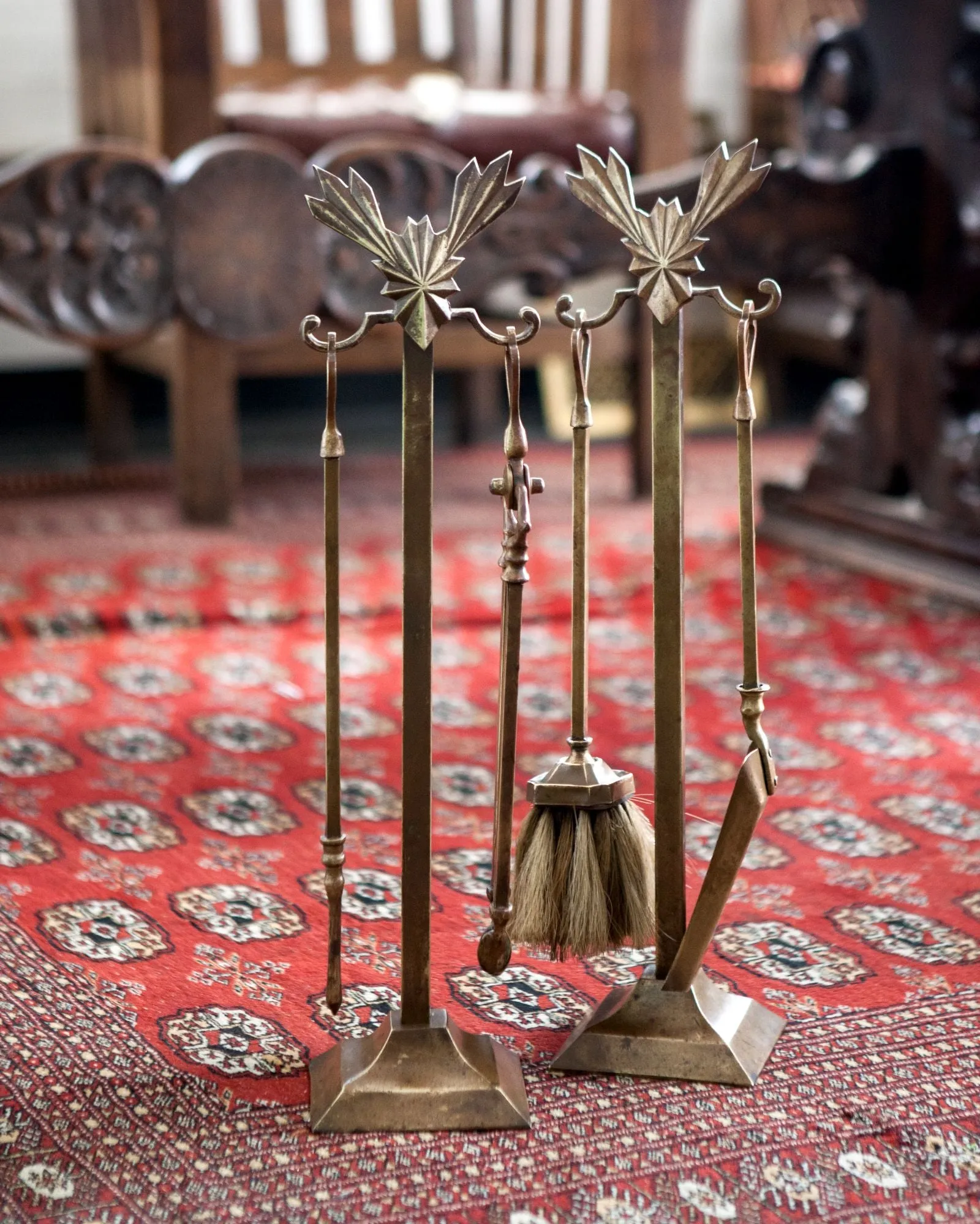 Brass Fireplace Tools with Art Deco Detailed Stands