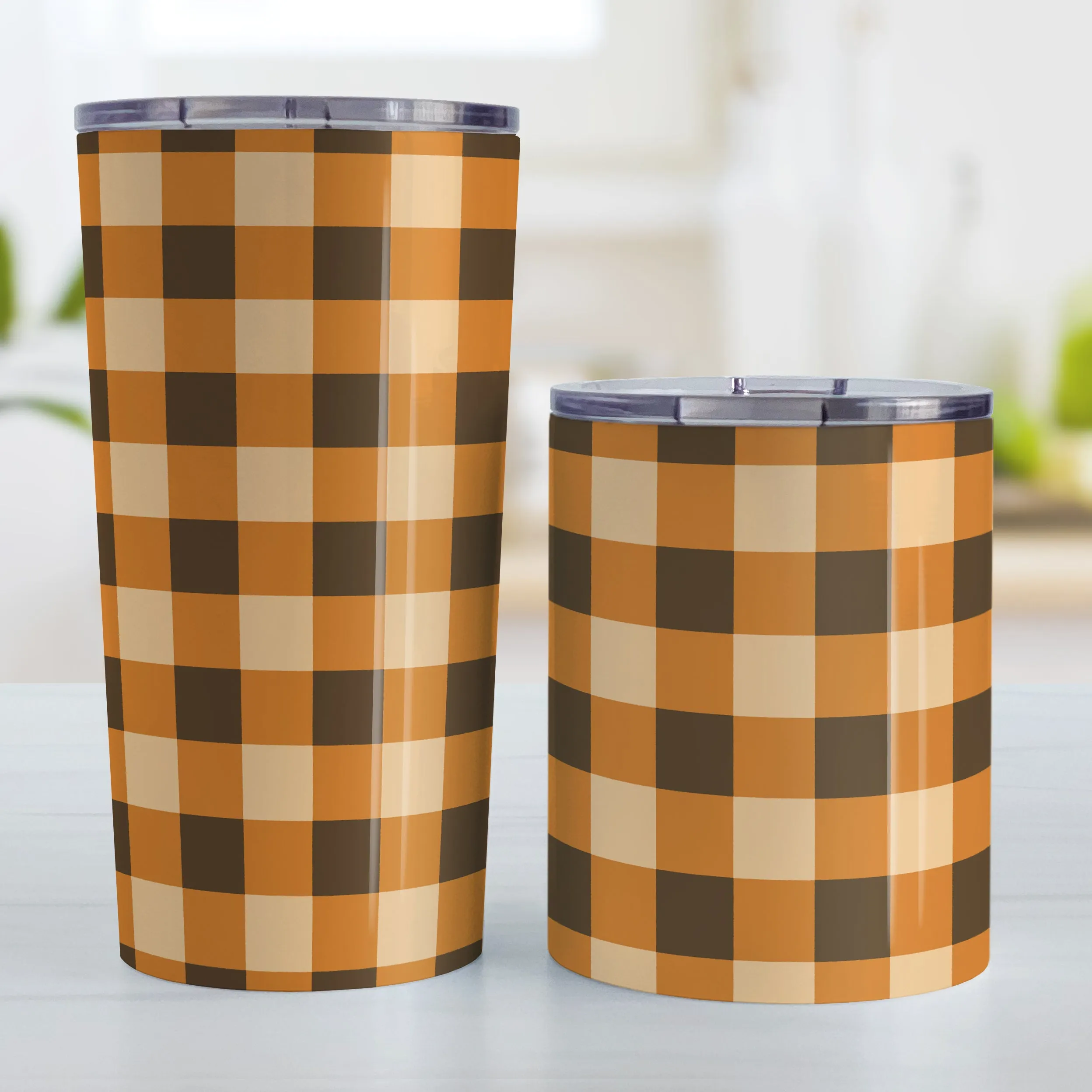 Brown and Orange Fall Buffalo Plaid Tumbler Cup