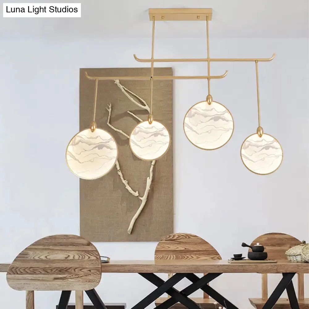 Circular Fan Island Lamp: Modern Acrylic LED Suspension Light with Landscape Print – Perfect for Tearooms