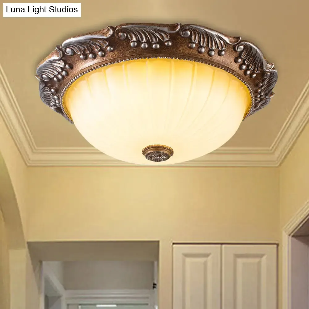 Country Style LED Ceiling Fixture - Brown, Fluted Opal Glass, 14"/16" Width, Flush Mount Lighting