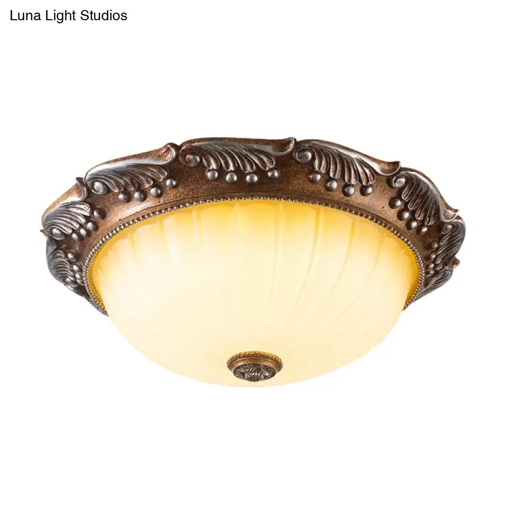 Country Style LED Ceiling Fixture - Brown, Fluted Opal Glass, 14"/16" Width, Flush Mount Lighting