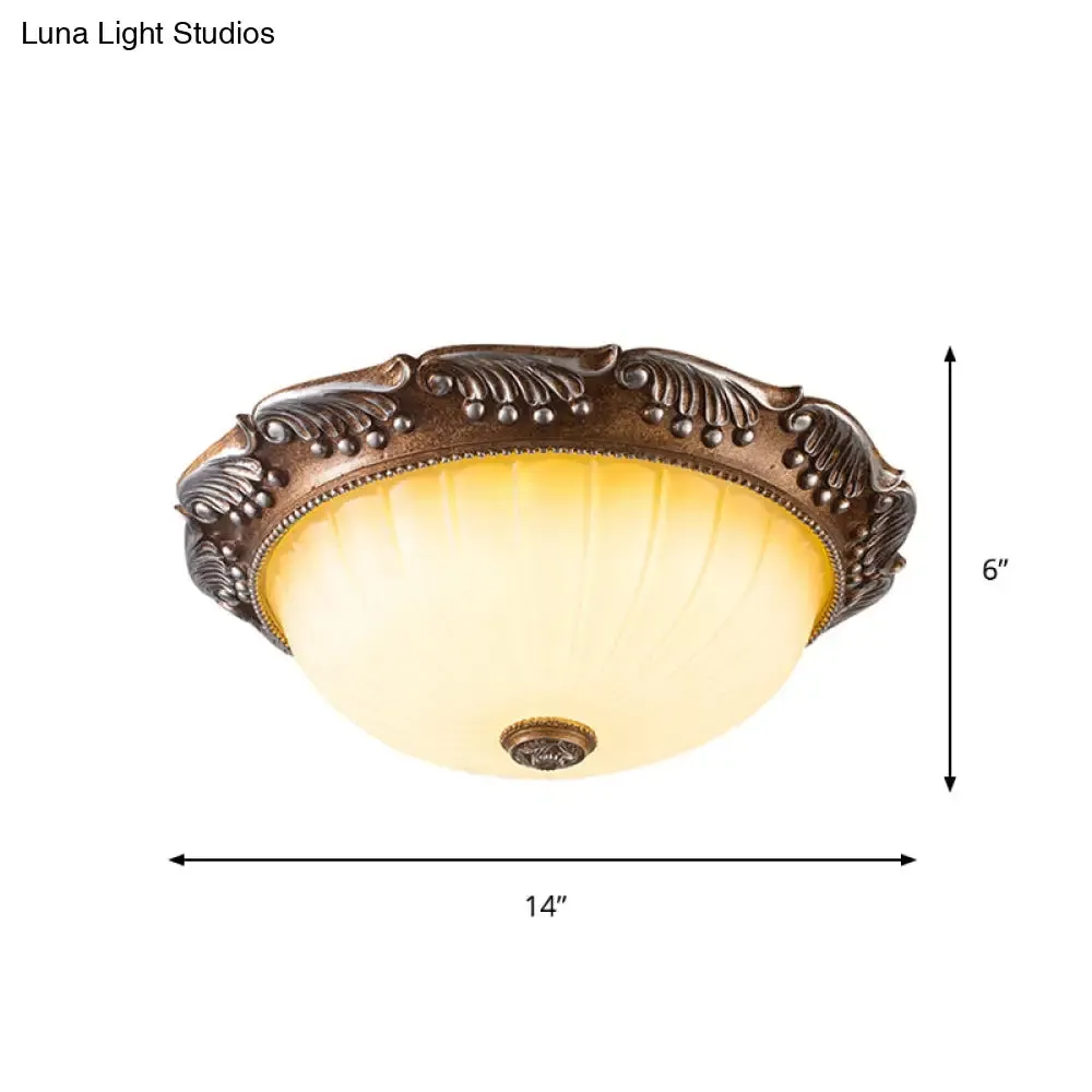 Country Style LED Ceiling Fixture - Brown, Fluted Opal Glass, 14"/16" Width, Flush Mount Lighting