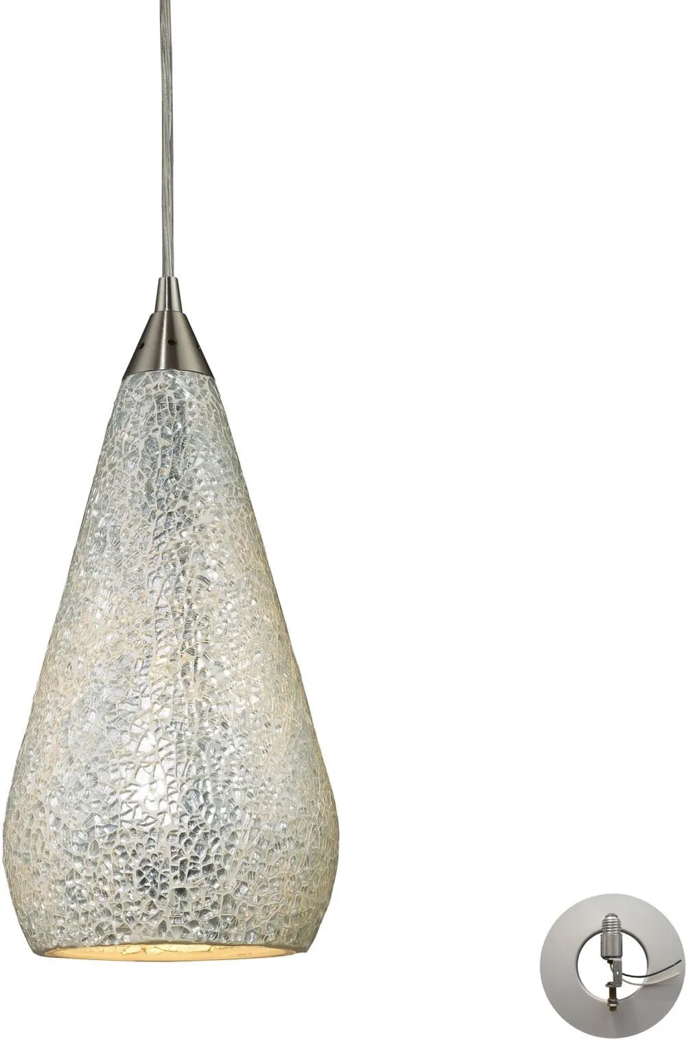 Curvalo 1 Light Pendant In Satin Nickel and Silver Crackle Glass - Includes Recessed Lighting Kit