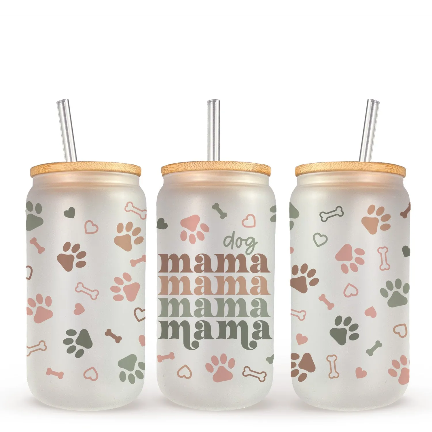 Dog Mama Gifts - 16oz Iced Coffee Glass Can Tumbler - Dog Mom Coffee Cups with Bamboo Lid and Straw